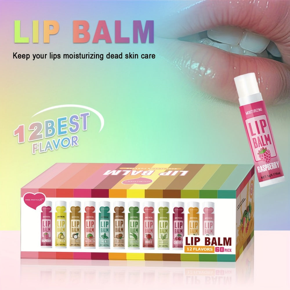 60-Piece Tube Lip Balm Set with 12 Pictured Flavor Labels in a Multicolor Display Box Assortment — image 6