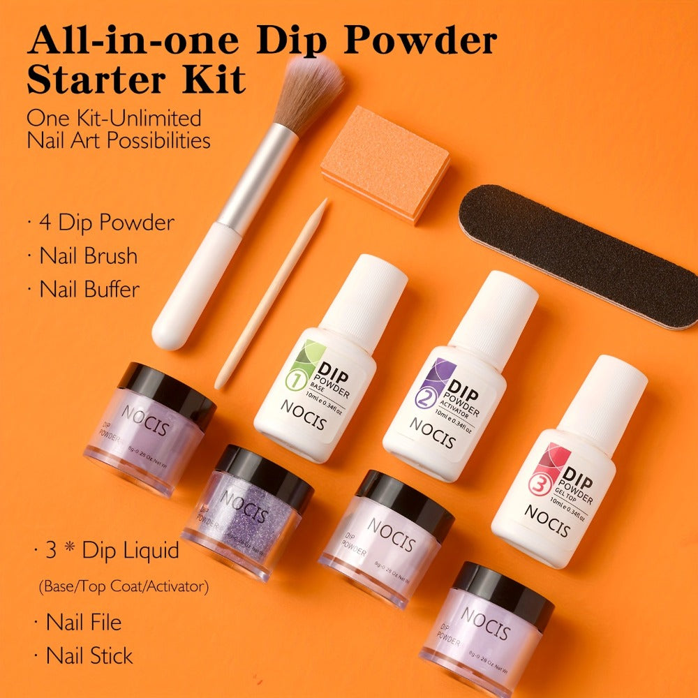 Dip Powder Nail Kit with NOCIS Label, Four Lilac Lavender Purple Glitter Powders, Three 10ml Liquids and Tools — image 4