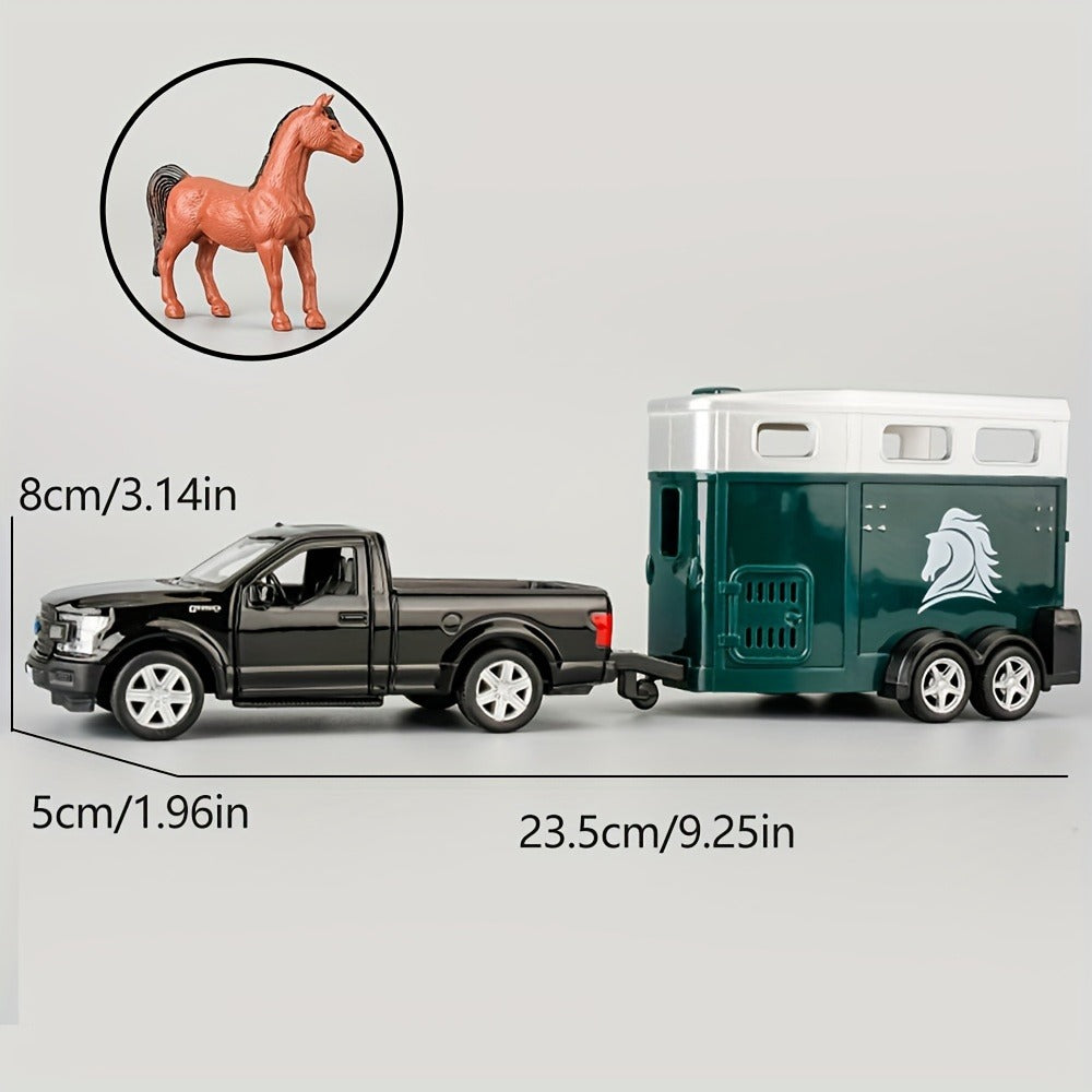 RMZCity 1:36 Scale Zinc Alloy Pull Back Car with Horse Trailer & Horse Vehicle, Openable Doors Diecast Toy Set for Kids & Adu