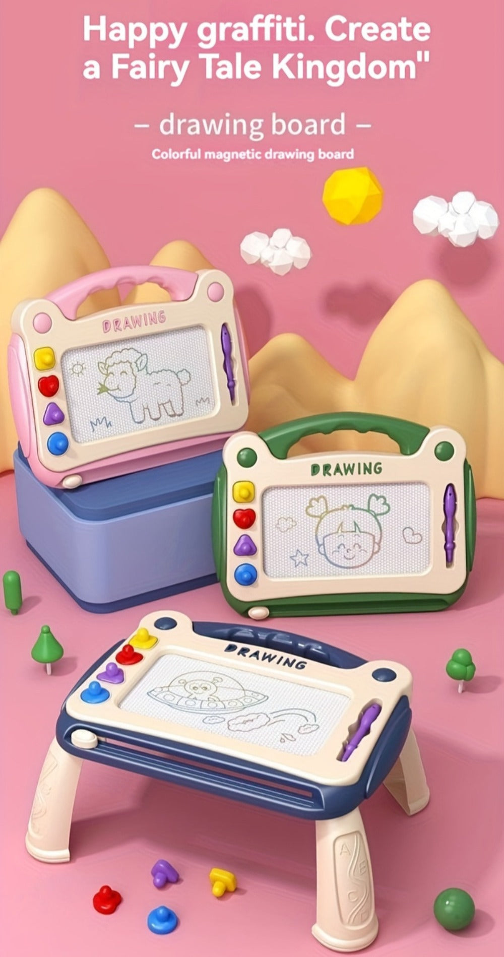 Kids Magnetic Drawing Board with Four Shape Stamps, Slide Eraser, Folding Legs and Blue, Green or Pink Options — image 8