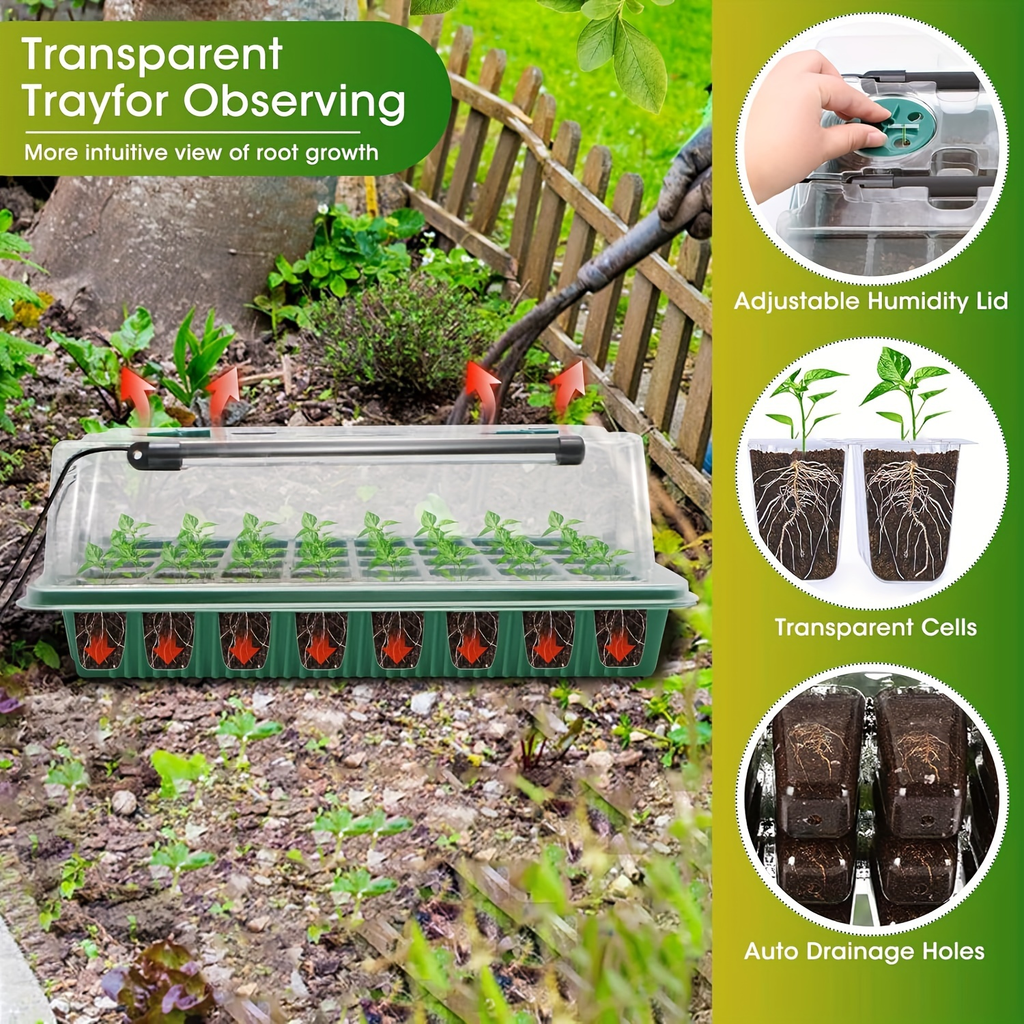 Seed Starting Tray Kit 4-Set 160 Cells High Dome | 8 LED Grow Lights Smart Timer 3 Modes 5 Brightness | Indoor Greenhouse Ger
