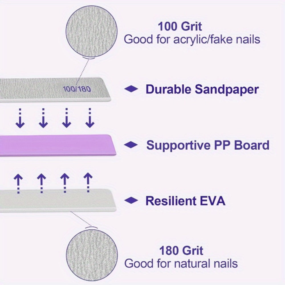 Emery Boards Nail Files 50 Pack 100 180 Grit Double Sided Professional Fingernail Filer Set Reusable for Natural Acrylic Gel 