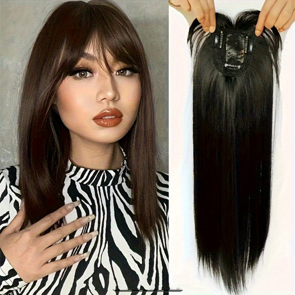 Hair Topper with Bangs for Women Thinning Hair Crown Coverage 10 Inch Lightweight Clip In Top Wig Volume Boost Black Dark Bro