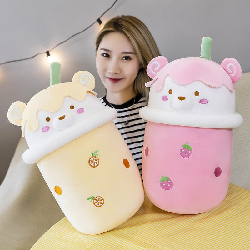 25-40cm Cute Cartoon Teddy Bear Bubble Tea Cup Shaped Pillow Plush Toys Real-life Stuffed Soft Back Cushion Funny Boba Food