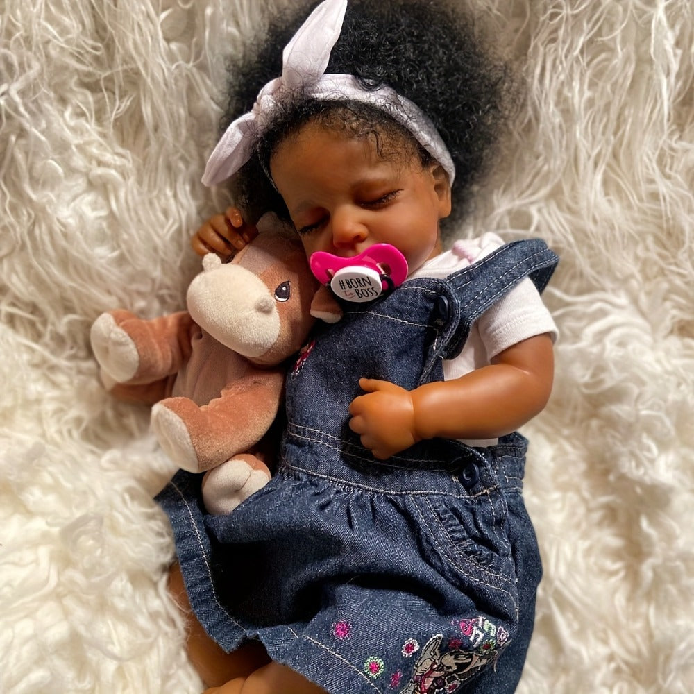 Reborn Baby Doll 19 Inch Curly Blue Hair with Sleeping Sounds Cloth Body & Lifelike Weight — image 5