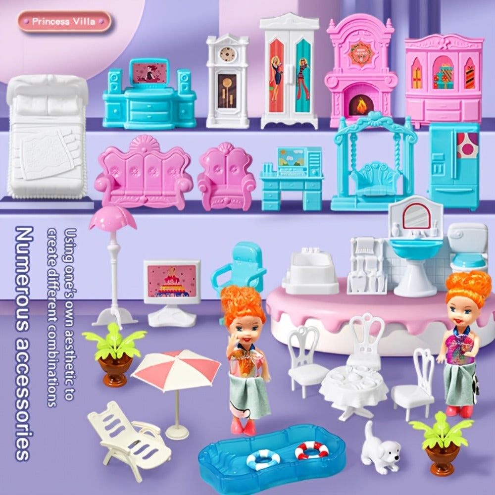 LED Dollhouse Playset for Girls, Purple Multi-Room Playhouse with Doll Figures, Puppies, Furniture & LED Lighting — image 4