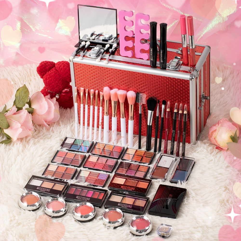 106-Piece Makeup Case Set with Red or Silver Carry Case, Fold-Out Color Palettes, Lip Products and Ten Makeup Brushes — image