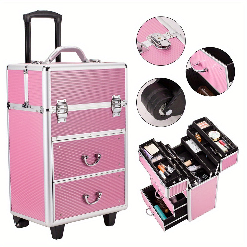 Pink Four-Tier Rolling Makeup Train Case with Fold-Out Top Trays, Two Drawers and Telescoping Handle — image 1
