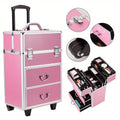 Pink Four-Tier Rolling Makeup Train Case with Fold-Out Top Trays, Two Drawers and Telescoping Handle — image 1