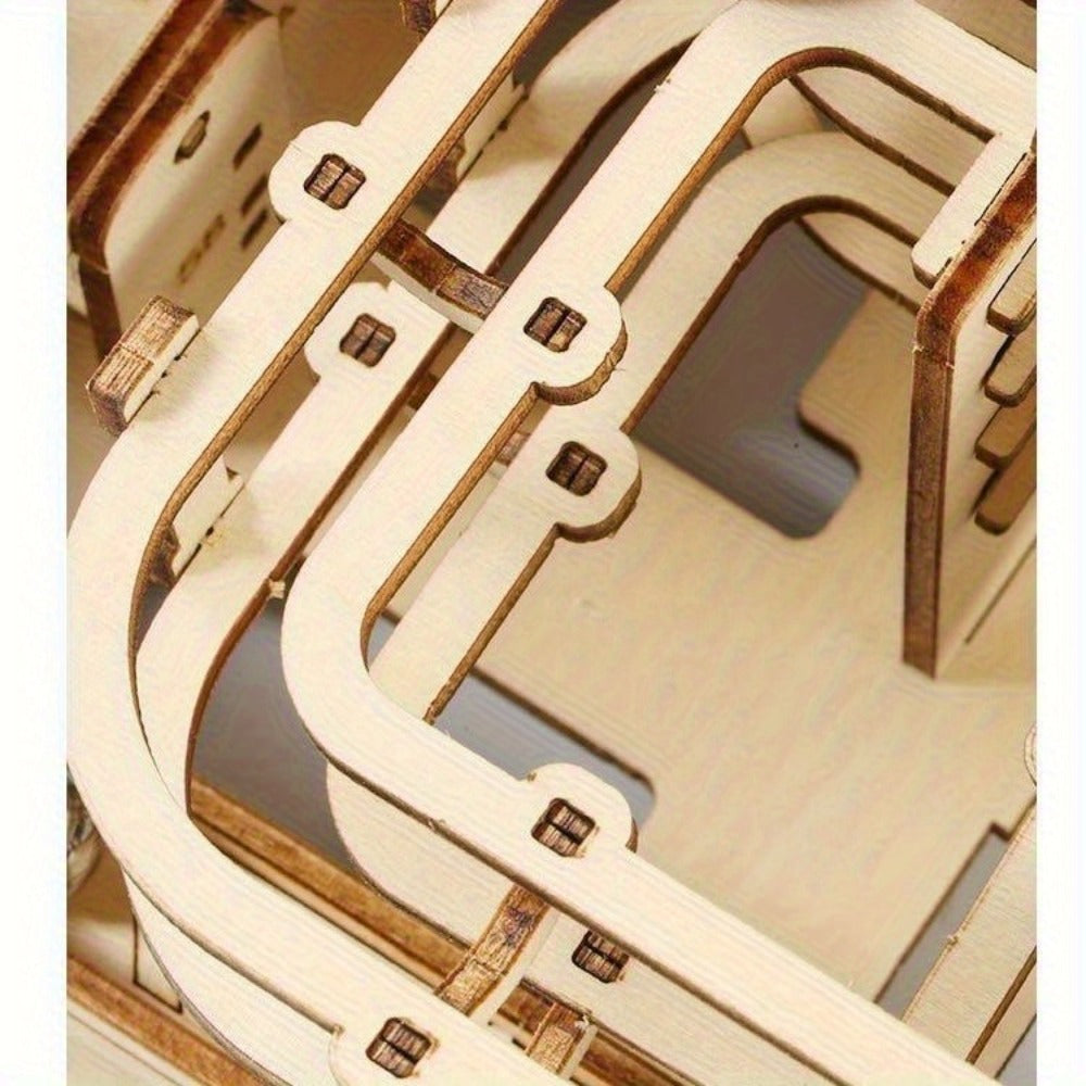 Wooden Marble Track Model Kit with Dual-Linkage A or B Builds, Laser-Cut Panels, Gears and Ball Rails — image 24