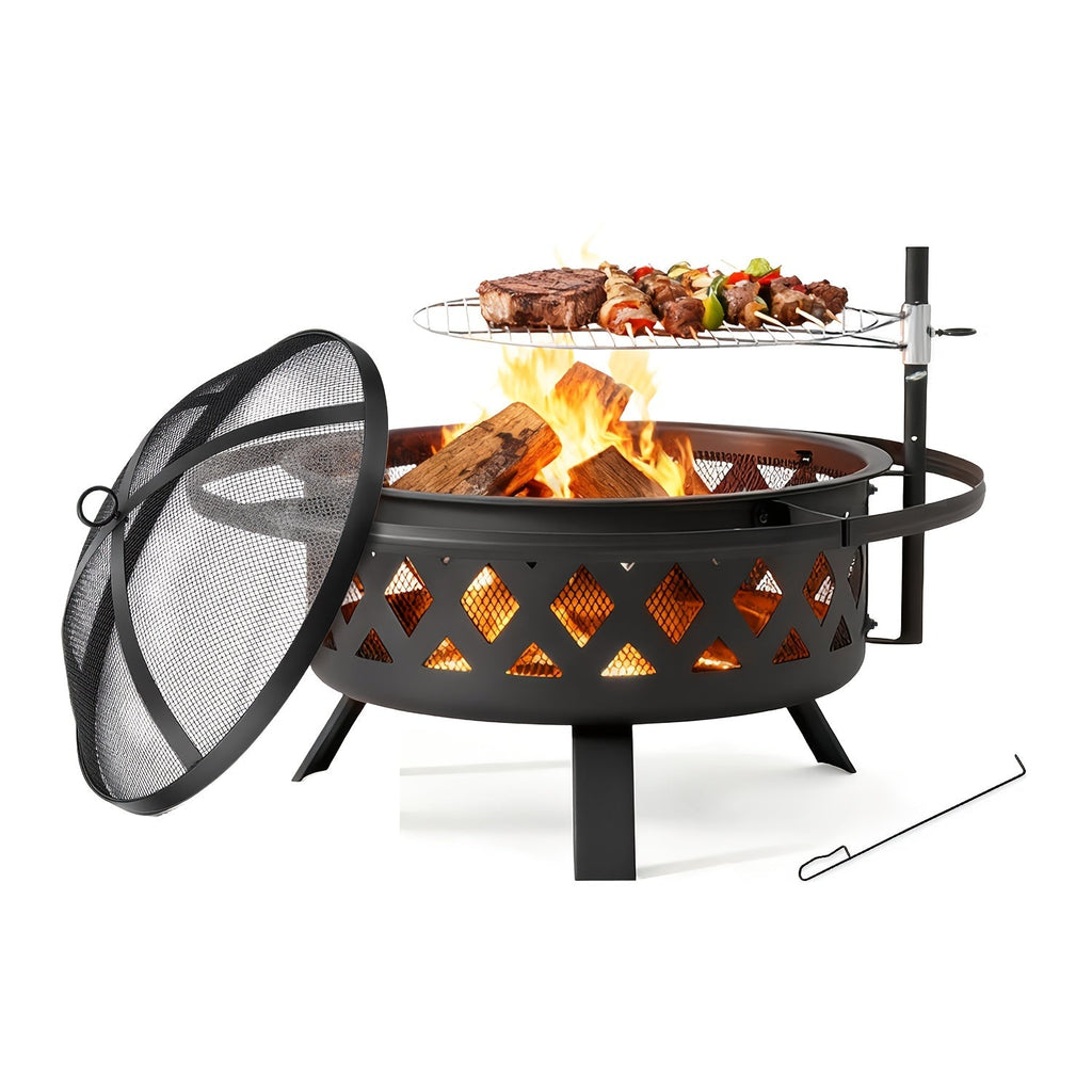 30-Inch Steel Wood-Burning Fire Pit with Grill Grate, Mesh Spark Screen, Poker and Diamond-Cut Bowl Design — image 3