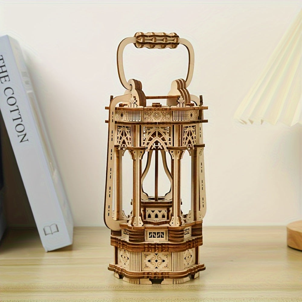 LED Wooden Lantern Model Kit, Rotating Mechanical 3D Wooden Puzzle for Adults & Teens, Glowing Vintage Desk Decor Display — i