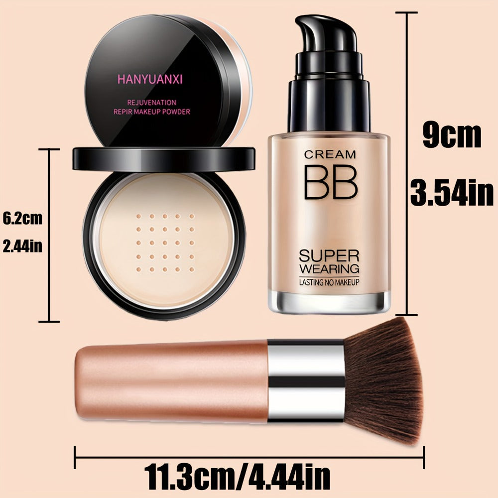 BB Cream Makeup Kit with Loose Setting Powder Brush & Sponge – Full Coverage Waterproof Long-Lasting Hydrating Foundation Set