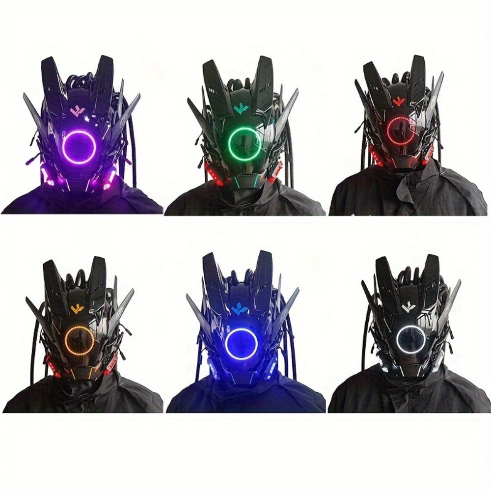 LED Braided Cyberpunk Costume Helmet with Circular Face Light and Blue, Green or Pink Accent Styles — image 4