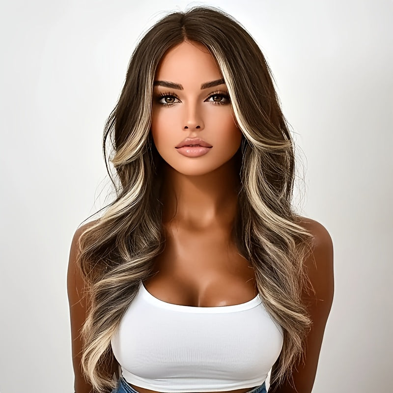 Synthetic Wig 30-Inch Water-Wave Curls with Brown Highlights, Middle Part and Rose Net Cap — image 7