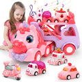 Pink Carrier Truck Toy with 4 Mini Cars, Music & Lights, Battery Powered Pull-Back Transport Vehicle for Girls Boys Ages 3+ —