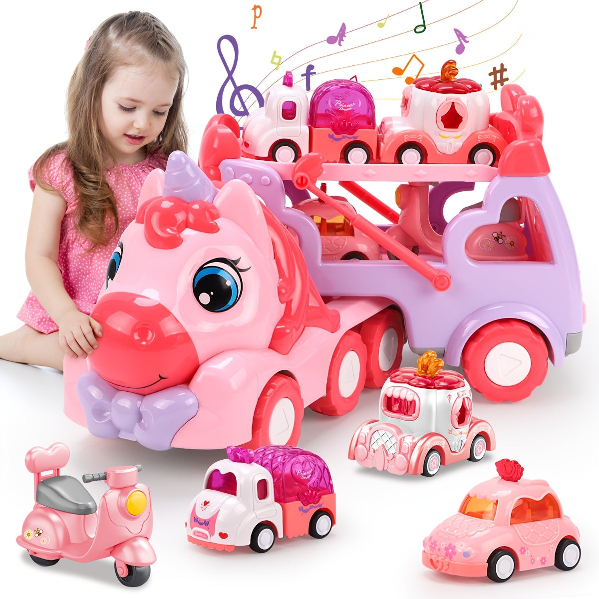Pink Carrier Truck Toy with 4 Mini Cars, Music & Lights, Battery Powered Pull-Back Transport Vehicle for Girls Boys Ages 3+ —