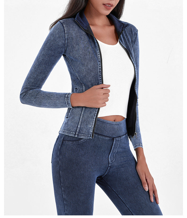 Slim Zippered Yoga Denim Jacket With Pockets High Collar Sports Fitness Outerwear Tops Coat For Women Clothing