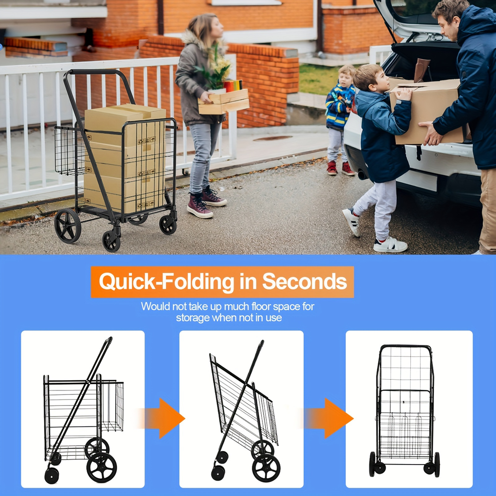 Folding Grocery Cart on Wheels, Double Basket Shopping Cart for Groceries Laundry Foldable Utility Cart — image 5