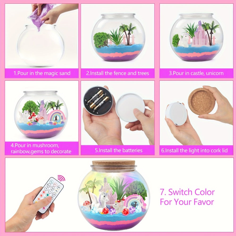 Unicorn Terrarium Craft Kit with Decorative Globe, Multicolor LED Light, Remote and Layered Sand Accessories — image 6