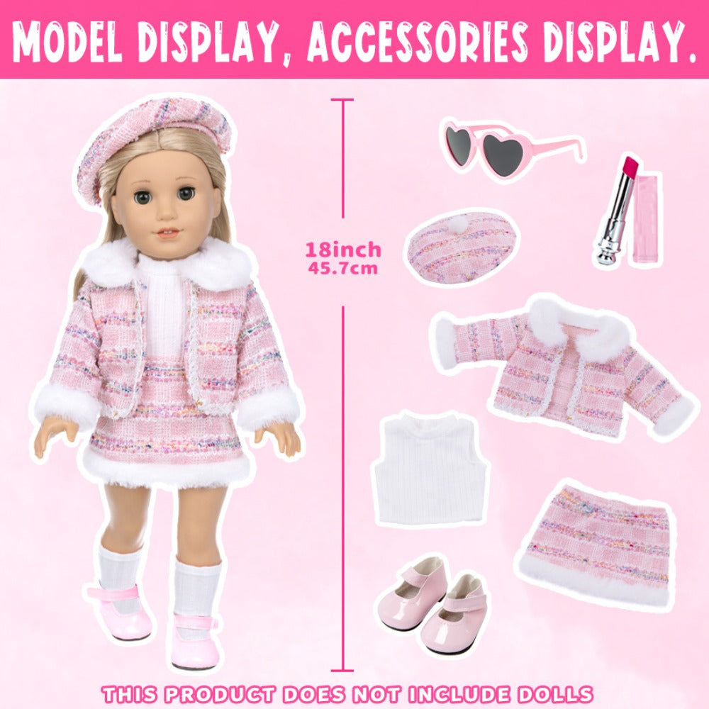 18 Inch Doll Knitted Clothes Outfit Set with Hat Jacket Skirt Shoes Socks Sunglasses Lipstick — image 2