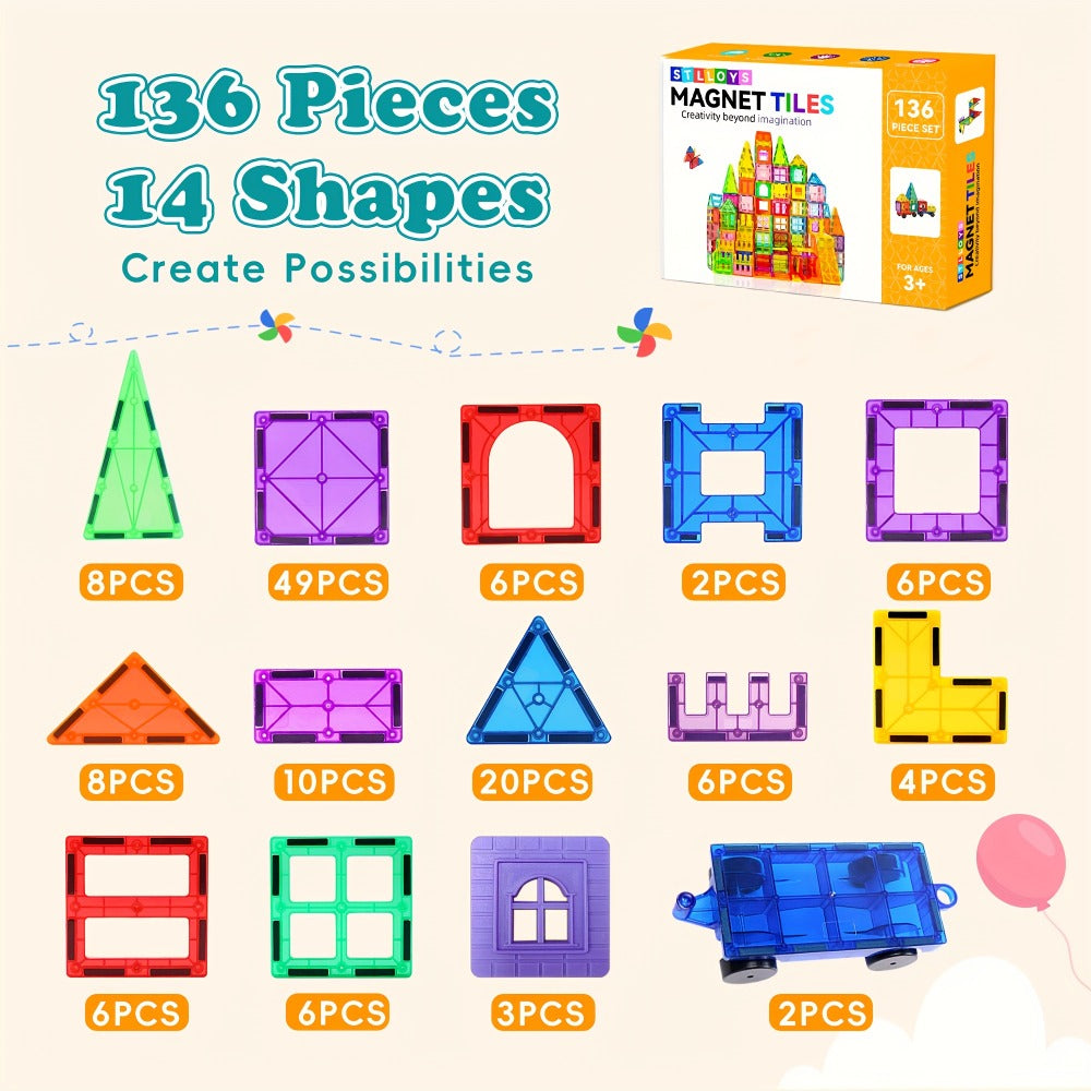 Magnetic Tiles Building Set for Kids 3 4 5 6 7 8 – 80 106 136 205pcs Clear 3D Magnet Building Blocks STEM Educational Toy Chi