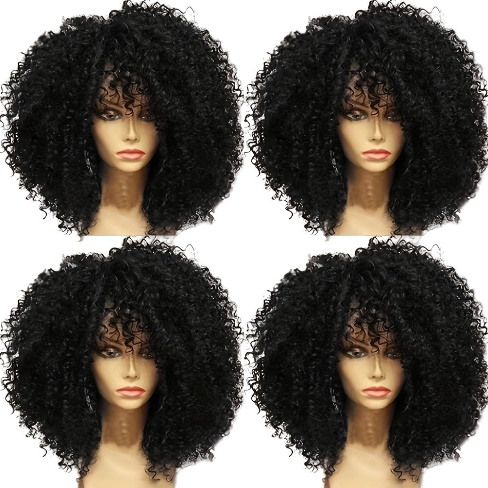 Synthetic Wig 16-Inch Kinky Curly Afro with Bangs in Color 1B and Elastic Cap for Parties and Cosplay — image 7