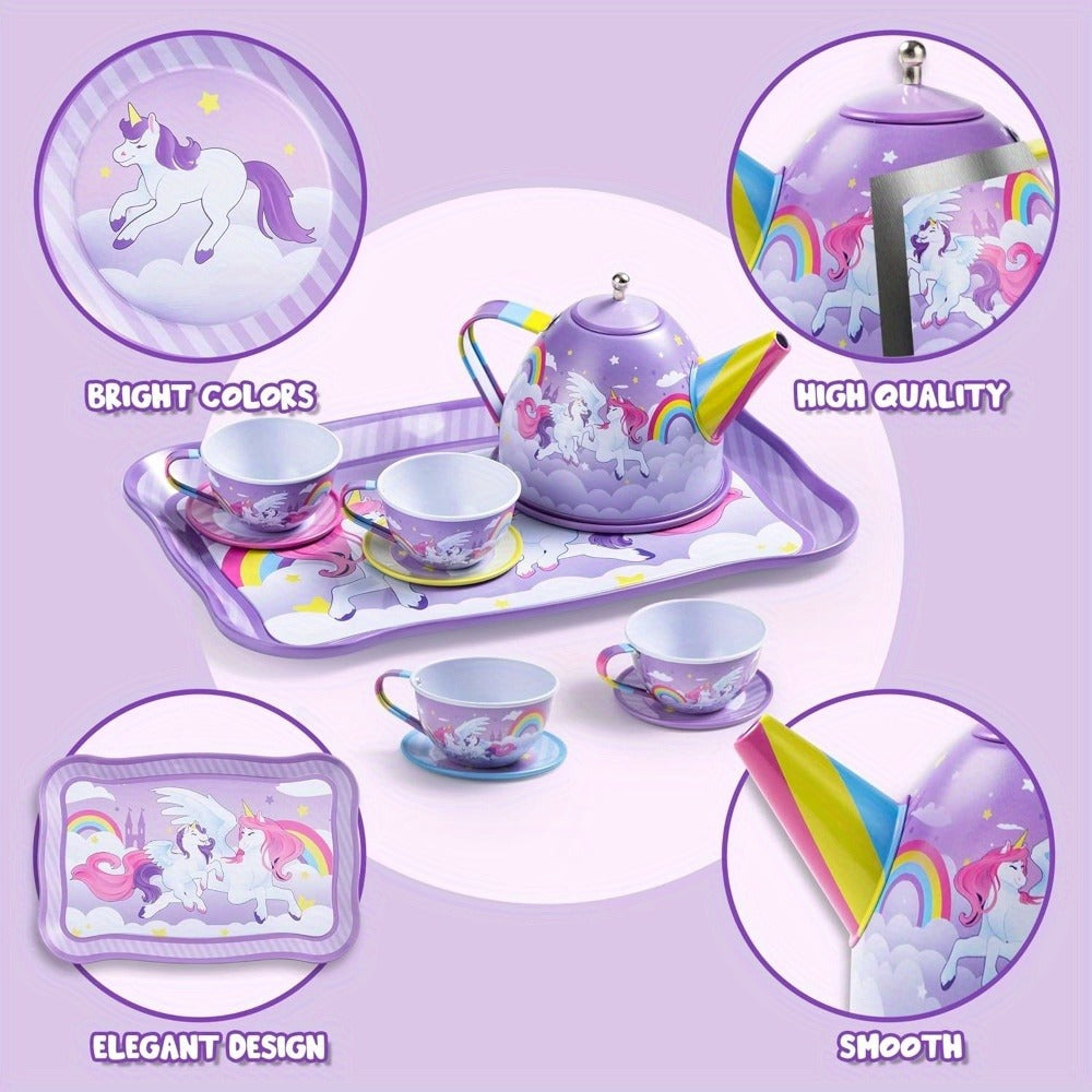 Purple Unicorn Tin Tea Set in Carry Case with Teapot, Four Cups, Four Saucers and Five Plates — image 5