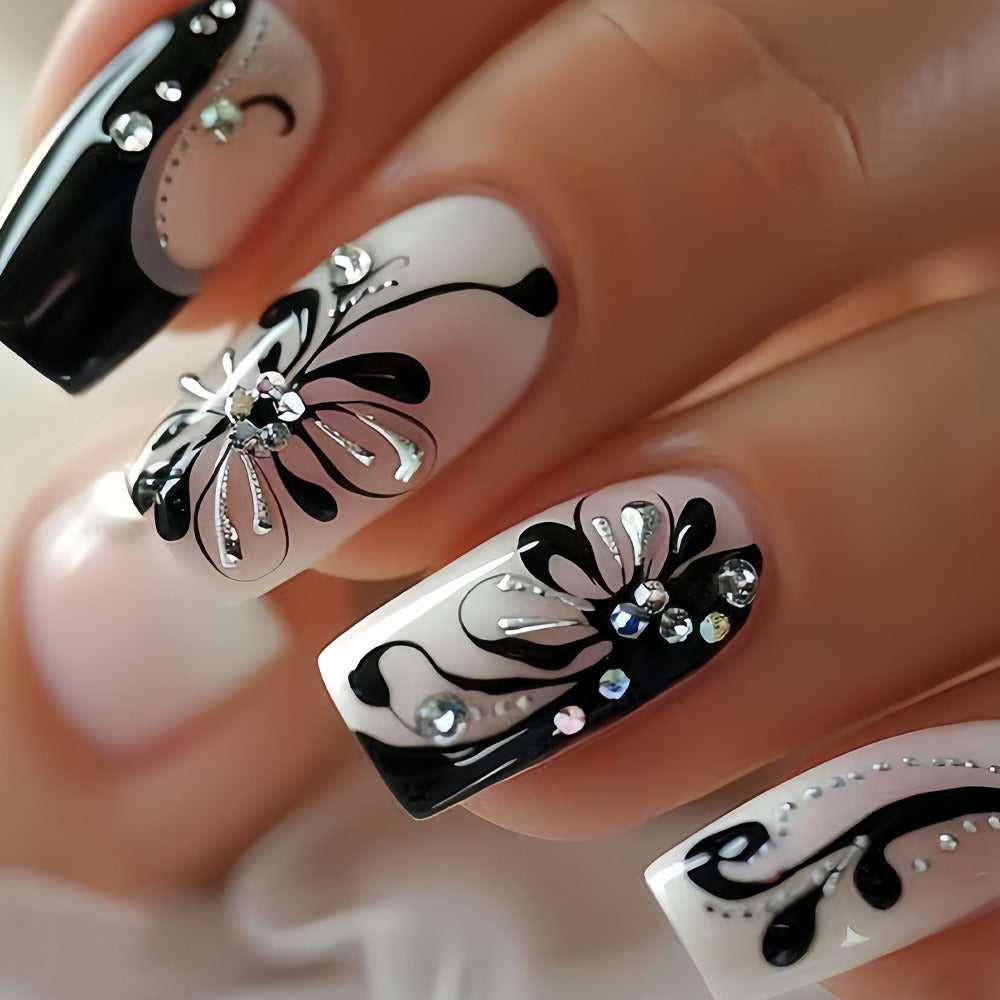 Press On Nails 48-Piece Medium Square Black and White Matte French Tip Butterfly Full-Cover Set — image 7