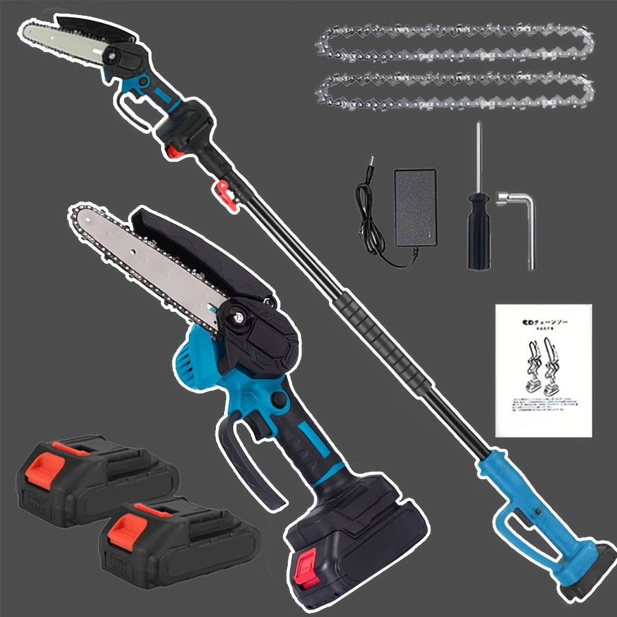 Pole Saw Set with Electric Chainsaw, 6-Inch Cordless Pruner, Long-Handle Scissor Kit, Safety Lock for Tree Pruning & Landscap