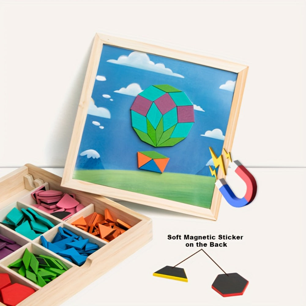 Magnetic Wooden Puzzle Blocks 128 180 220 Piece Set, Geometric Figures Cognitive Learning STEM Toy for Kids — image 16