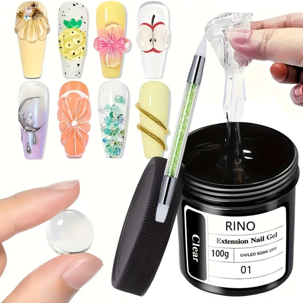 Clear Poly Nail Extension Gel 2-Piece Set, 100g Jars with Application Brush for 3D Sculpting and Rhinestone Nail Art — image 