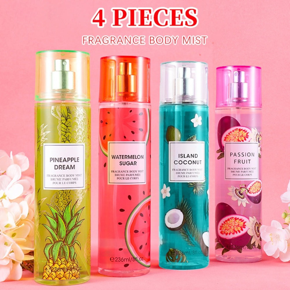 Body Spray for Women 4-Pack 8.4oz Each Hair Body Fragrance Mist Set 20 Floral Fruity Scents Daily Use Gift Value Bundle 250ml