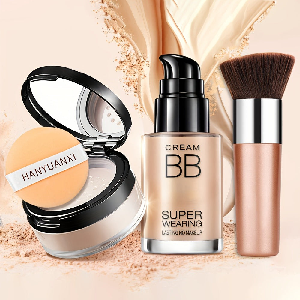 BB Cream Makeup Kit with Loose Setting Powder Brush & Sponge – Full Coverage Waterproof Long-Lasting Hydrating Foundation Set