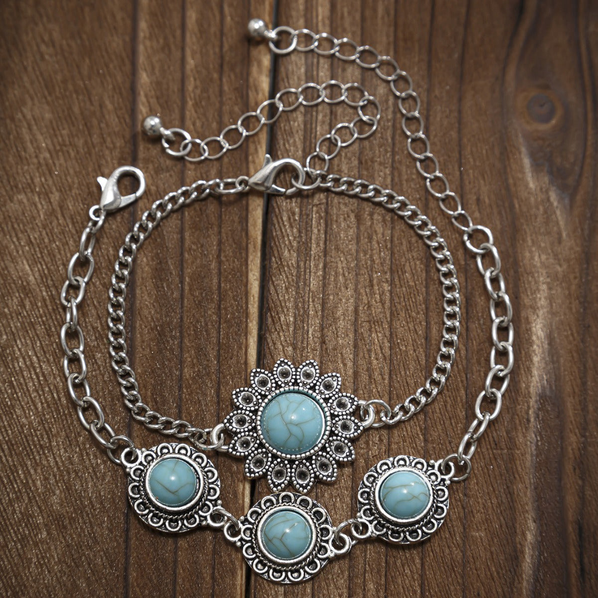 Ethnic style retro alloy turquoise bracelet Bohemian artistic bracelet set for women