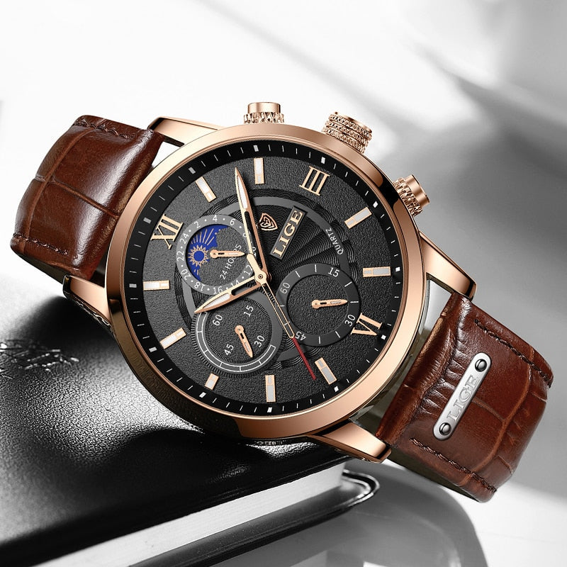 LIGE Men's Watches Top Brand Luxury Men Wrist Watch Leather Quartz Watch Sports Waterproof Male Clock Relogio Masculino+Box