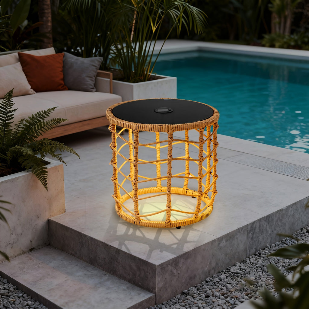 Outdoor Side Tables for Patio, Set of 2 Nesting PE Wicker Frames with Tempered Glass Tops for Patio or Balcony Layouts — imag
