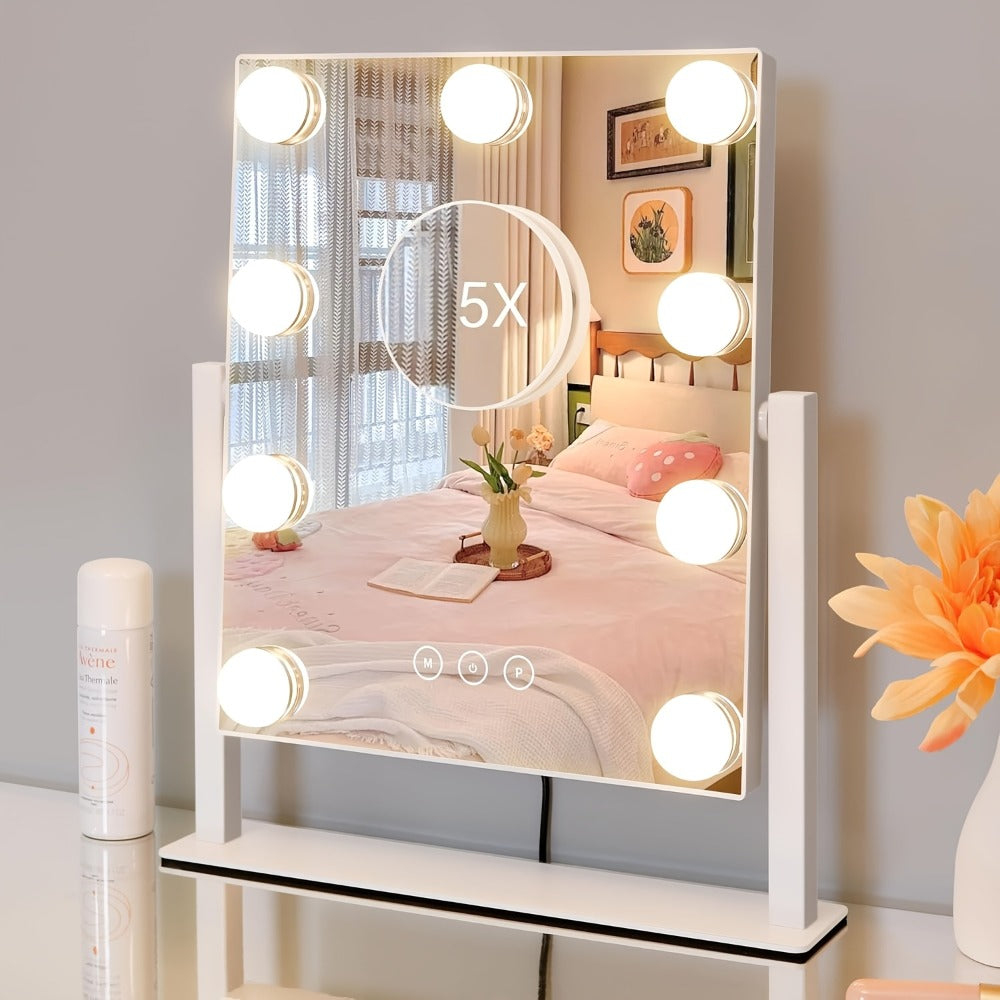 Makeup Mirror with Nine Bulb-Style LEDs, Three Light Colors, Touch Memory, 360° Rotation and Optional 5X Mirror — image 1