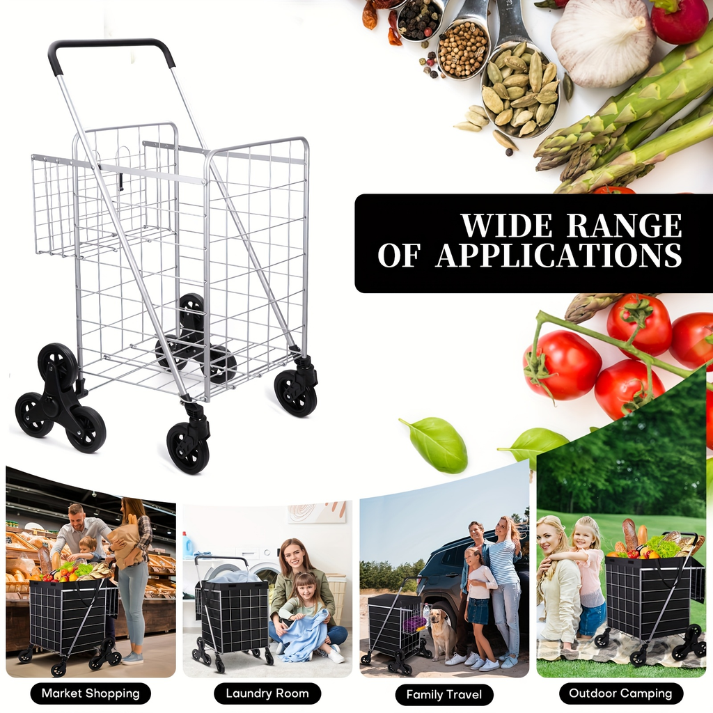 Stair Climbing Cart 8 Wheels 100 LBS Capacity Collapsible Utility Cart Foldable Grocery Dolly with Dual Basket Stainless Stee
