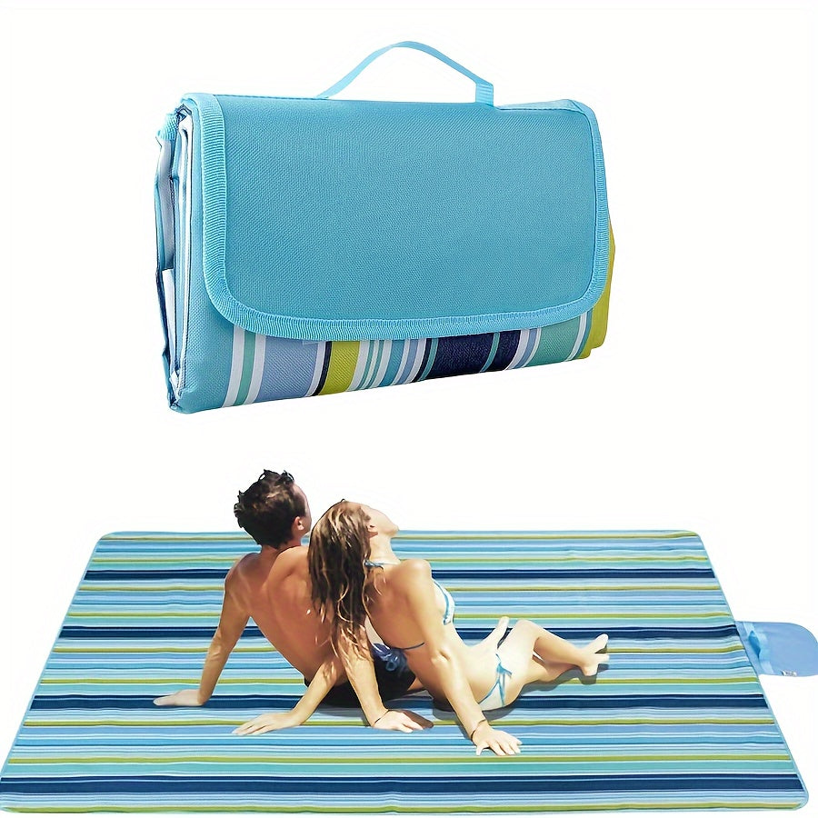 Blue Striped Picnic Blanket with Integrated Carry Flap, Top Handle and 78 x 60-Inch Pictured Size — image 2