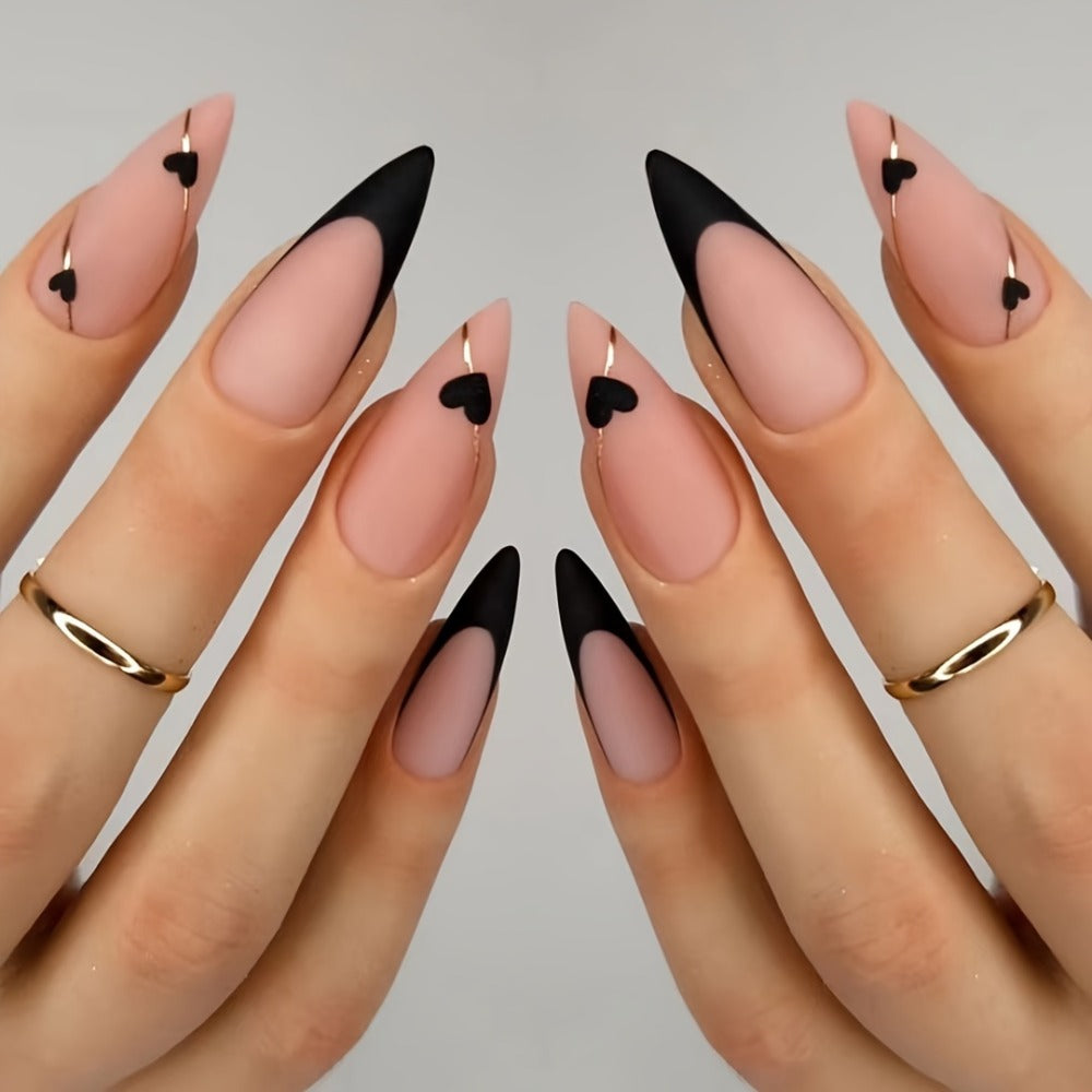 Press On Nails 144-Piece Short Almond Set with Pink Flowers, Rhinestones, Black French Tips and Glue — image 11