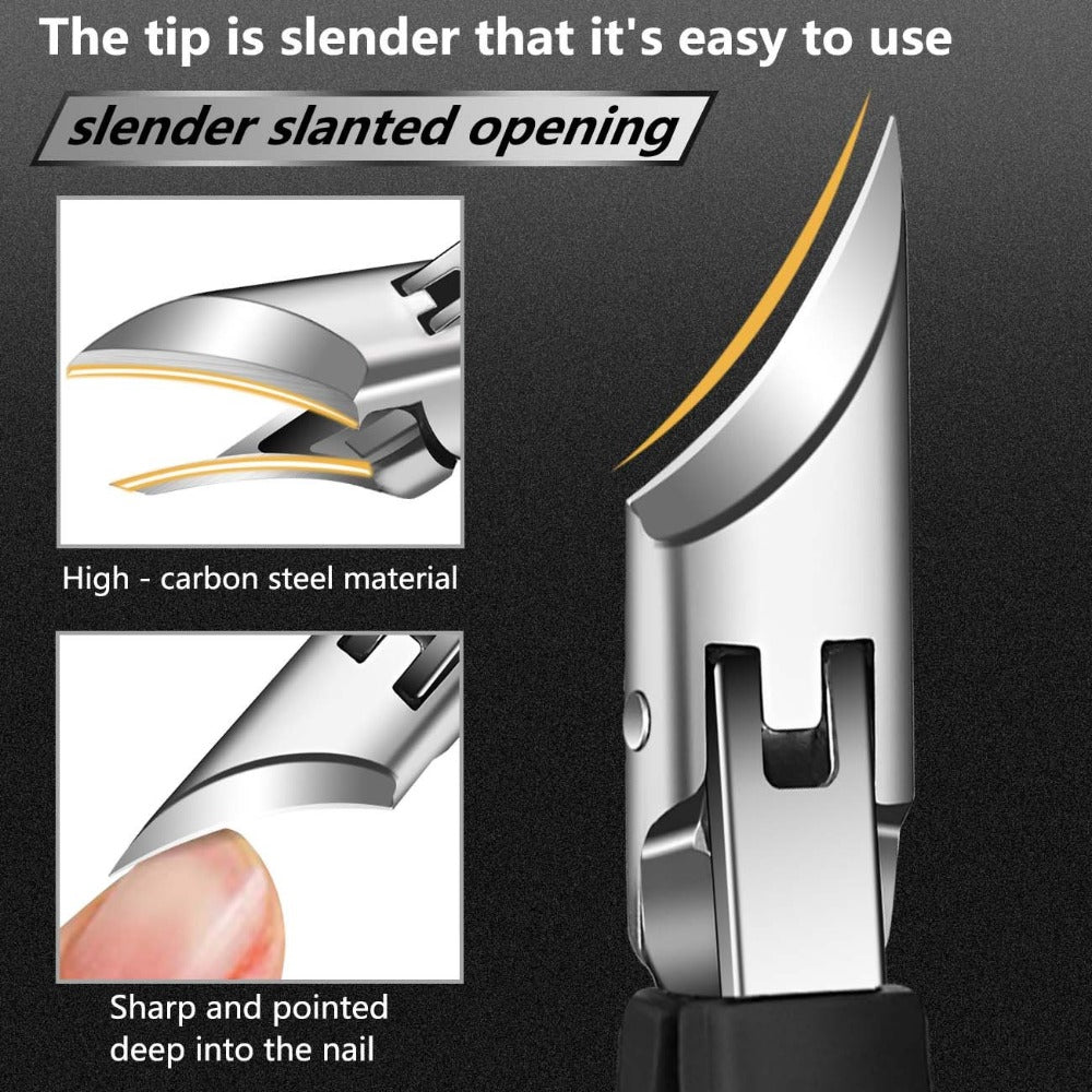 Wide-Jaw Nail Clipper Set, Six-Piece Black-Handle Kit with Curved, Slanted and Narrow Tools, Lifter, File and Storage Pouch —