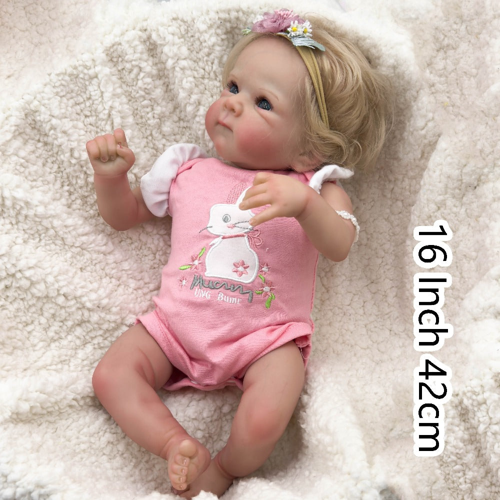 Reborn Baby Doll 16-Inch Cloth Body with Rooted Blonde Hair, Open Eyes, Pink Romper and Pacifier Set — image 5