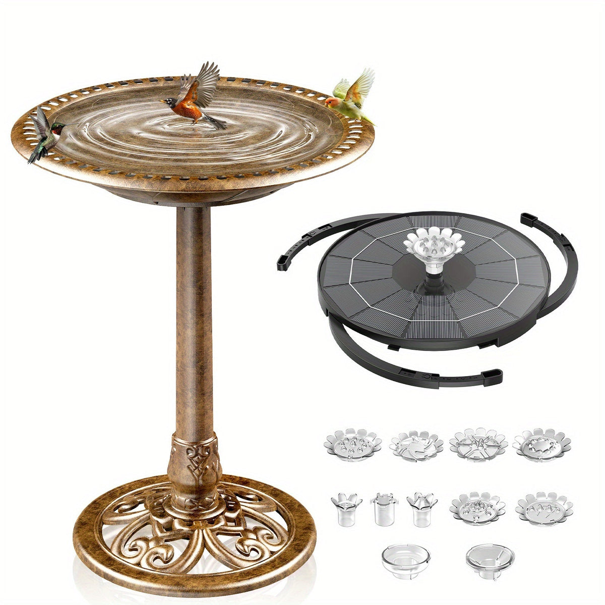 Pedestal Bird Bath Solar Fountain 3.5W Antique Brass Bronze for Garden, Patio and Yard Use — image 1