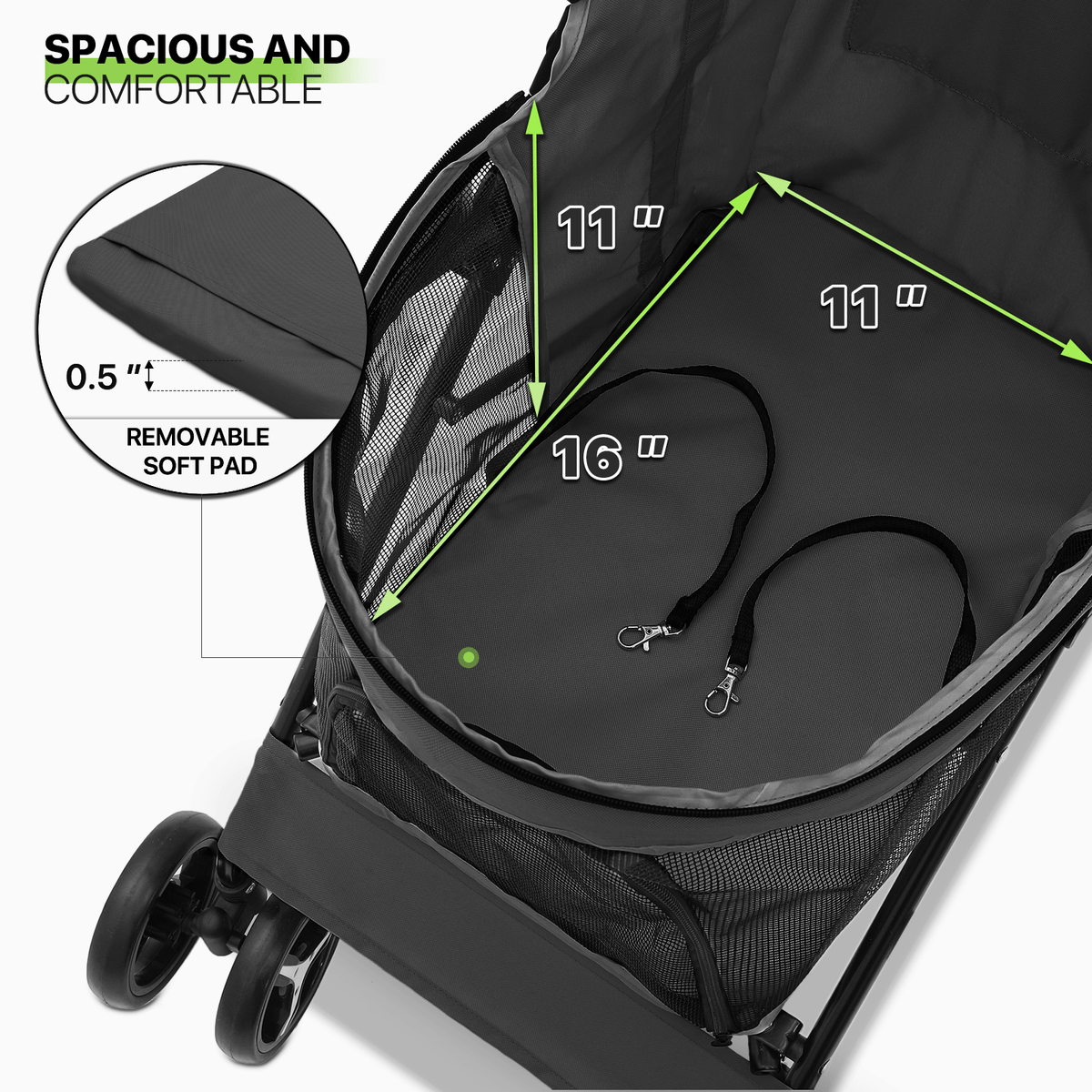 Four-Wheel Pet Stroller with Mesh Cabin, Folding Frame, Lower Basket and Ten Color or Print Options — image 5