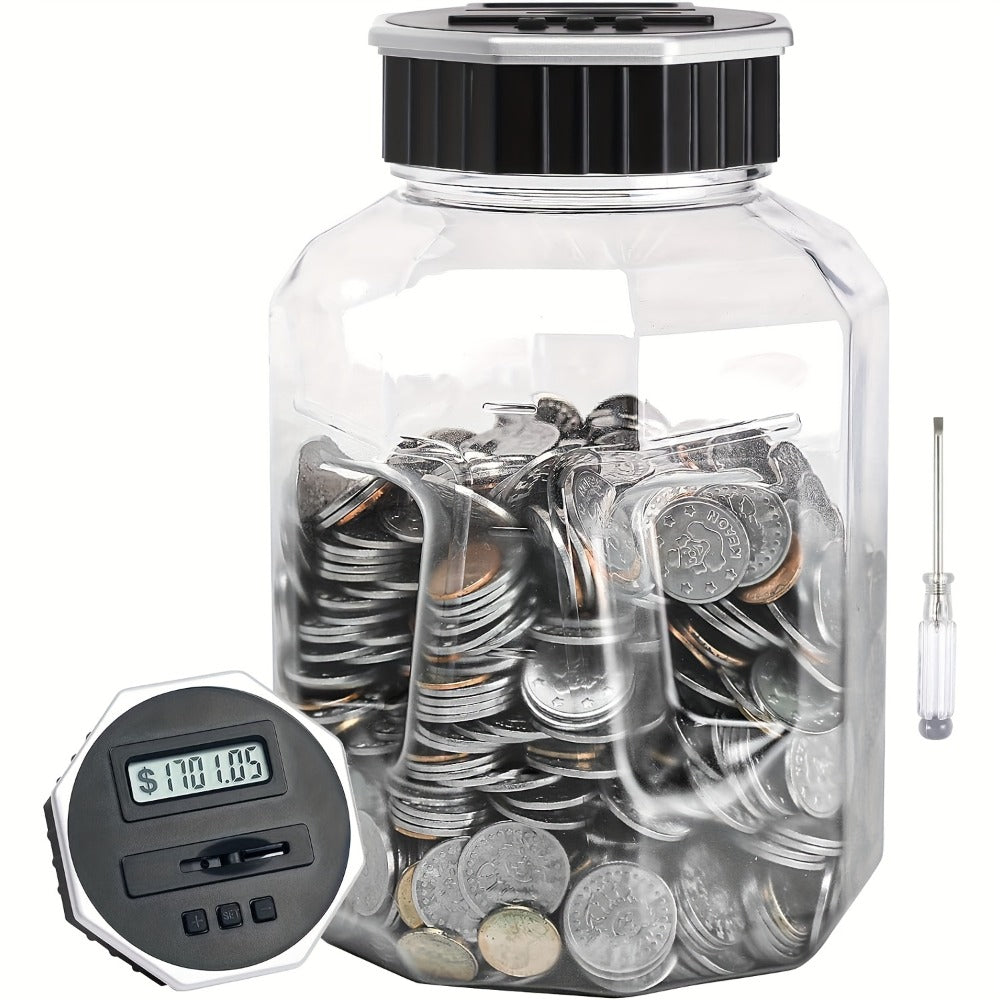Digital Coin Counting Piggy Bank for Adults, Extra Large 2.4L LCD Counter Jar, Transparent Acrylic Money Saving Bank with Dis
