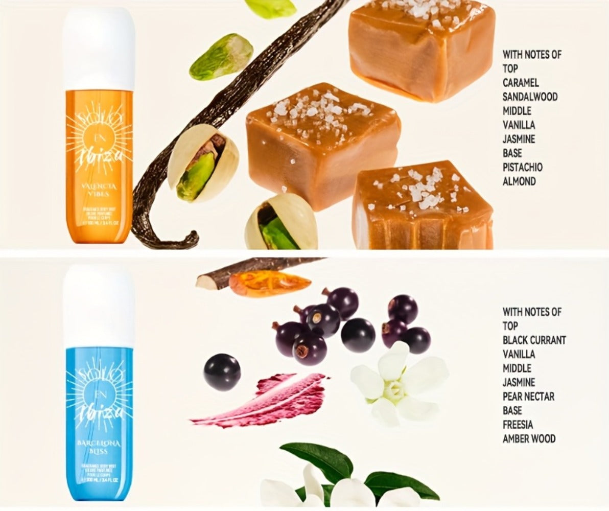 Body Hair Fragrance Mist Gift Set 2-Piece SOLO EN IBIZA Perfume Mist Body Cream Vanilla Fruit for Bath Time, Home Spa and Per