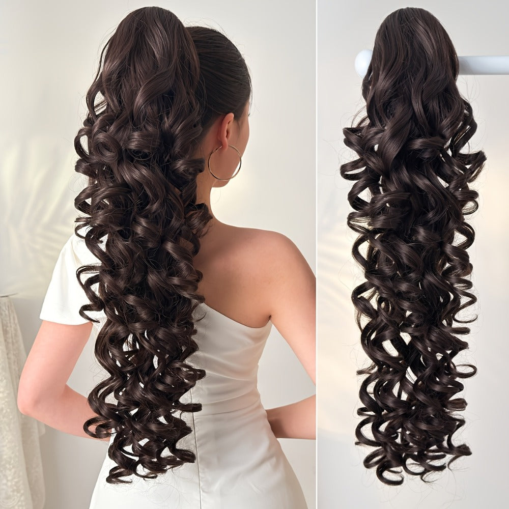 Curly Ponytail Extension 28 Inch Long Heat Resistant Synthetic Clip In Wrap Around Hairpiece Voluminous Bouncy Curls 4 Styles