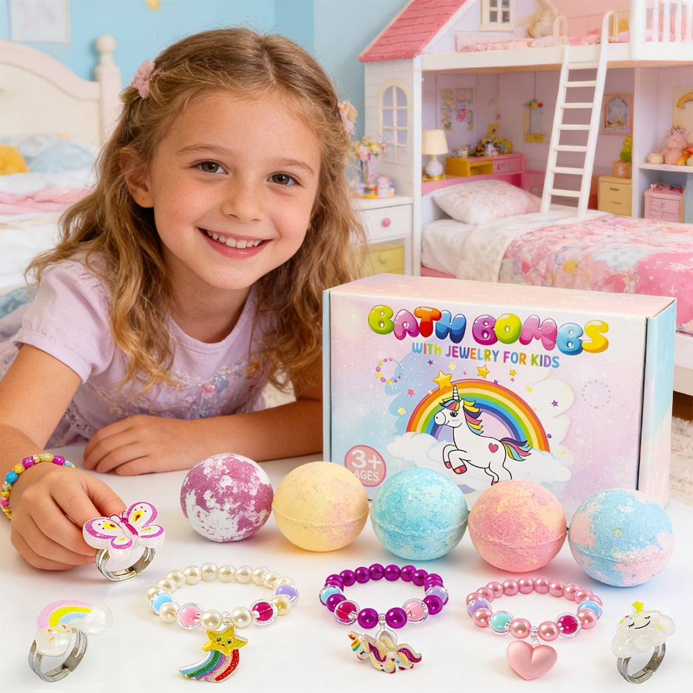 Bath Bombs, 6-Piece Unicorn Surprise Gift Set with Colorful Round Fizzers, Bracelet and Ring Accessories — image 7