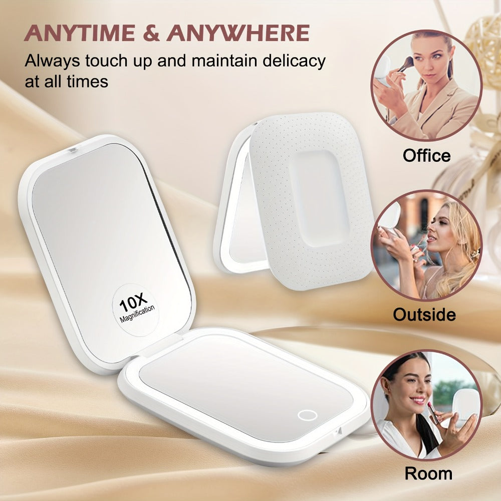 10X LED Lighted Compact Mirror USB Rechargeable 1X 10X Magnification Dimmable 3-Color Touch Screen – Double Sided Portable Tr